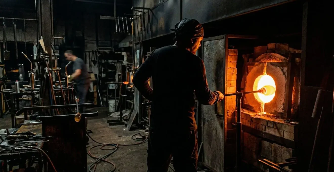 Silhouette floue d'un artisan verrier près d'un four rougeoyant dans un atelier de soufflage traditionnel