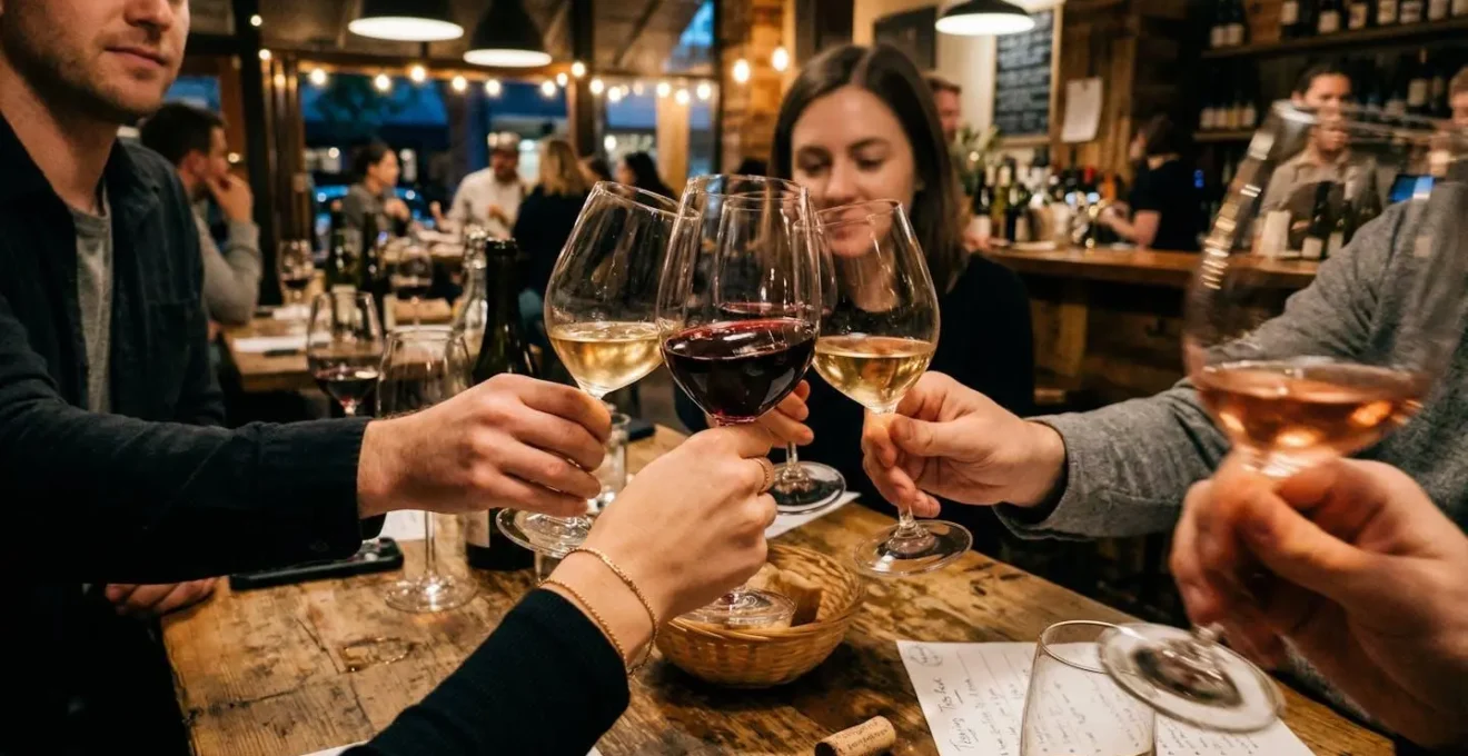 Scène conviviale de dégustation entre amis, mains tenant des verres de vin autour d'une table dressée, visages hors champ