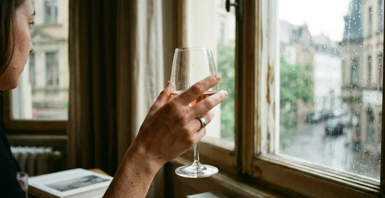 Une main tenant délicatement un verre à vin fin devant une fenêtre, la lumière naturelle traversant le cristallin transparent