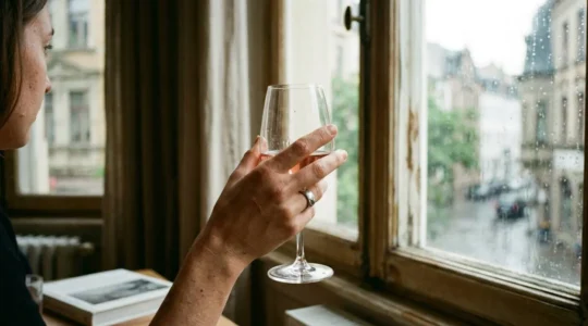 Une main tenant délicatement un verre à vin fin devant une fenêtre, la lumière naturelle traversant le cristallin transparent
