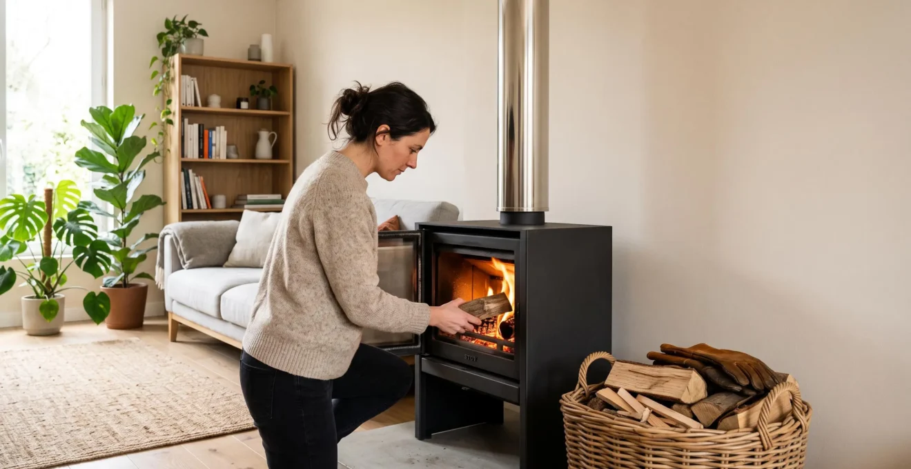 Femme debout plaçant une bûche dans un poêle à bois en fonte noir installé dans un salon contemporain français, panier de bois au premier plan, lumière naturelle douce