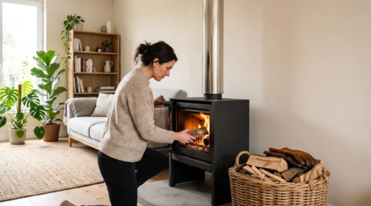 Femme debout plaçant une bûche dans un poêle à bois en fonte noir installé dans un salon contemporain français, panier de bois au premier plan, lumière naturelle douce