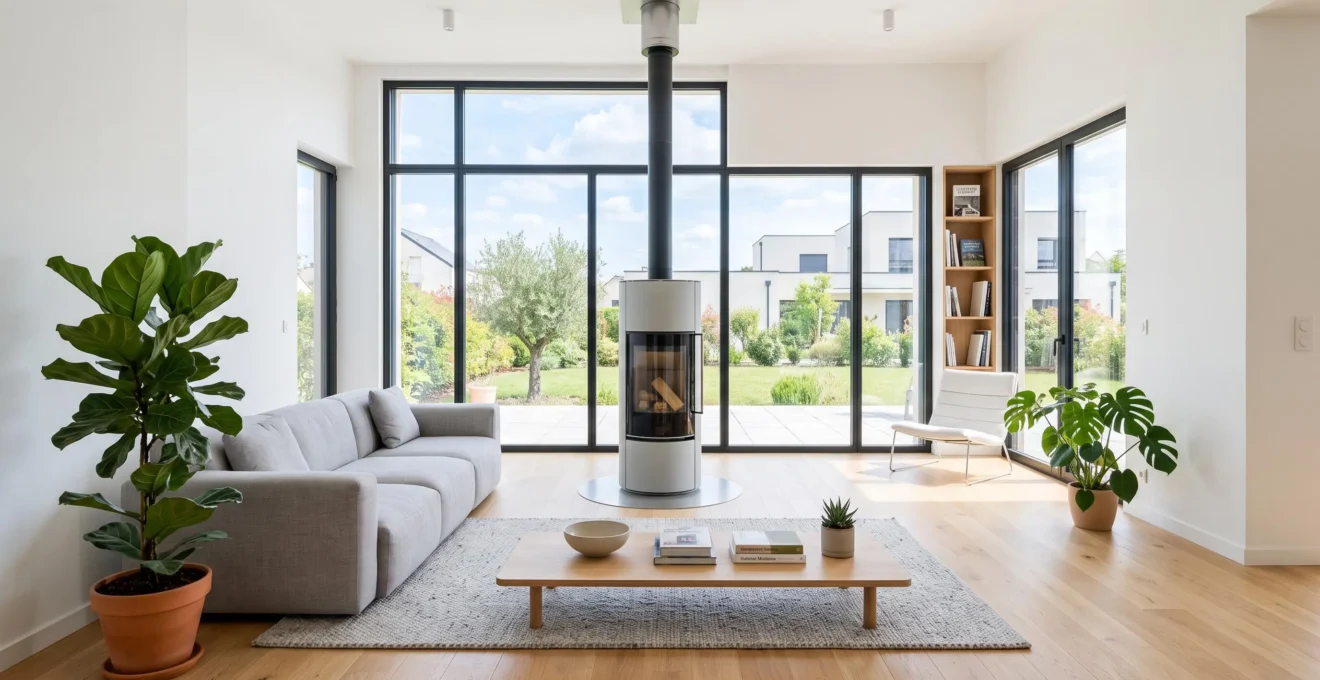 Poêle à bois design cylindrique blanc installé dans un salon lumineux de maison neuve RT 2012 avec grande baie vitrée triple vitrage et mobilier contemporain
