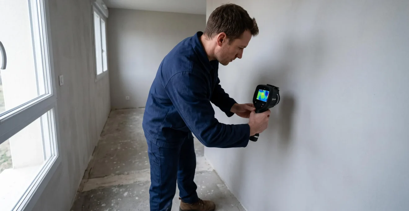 Technicien thermicien utilisant une caméra thermique pour inspecter l'isolation d'un mur intérieur dans une maison en diagnostic énergétique