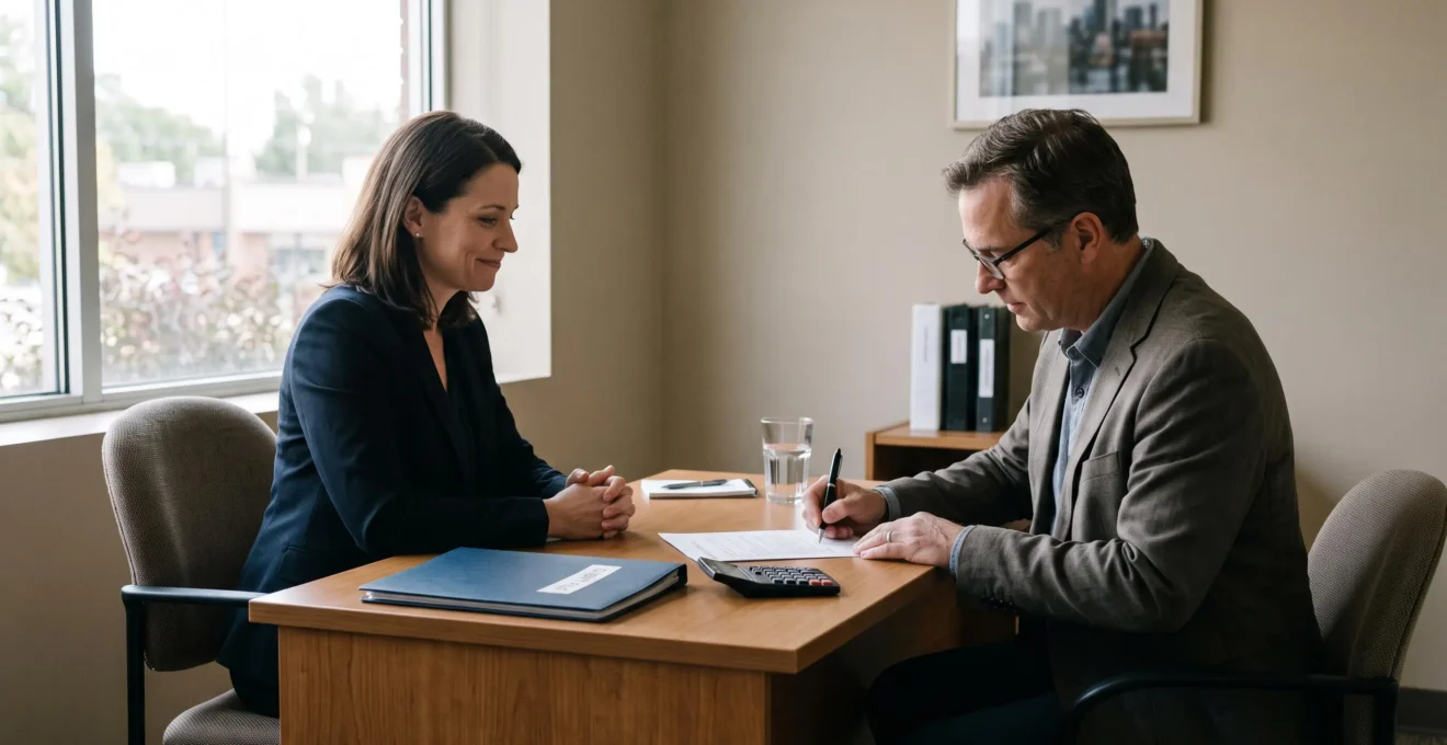 Un client signe un document papier devant un conseiller dans un bureau discret