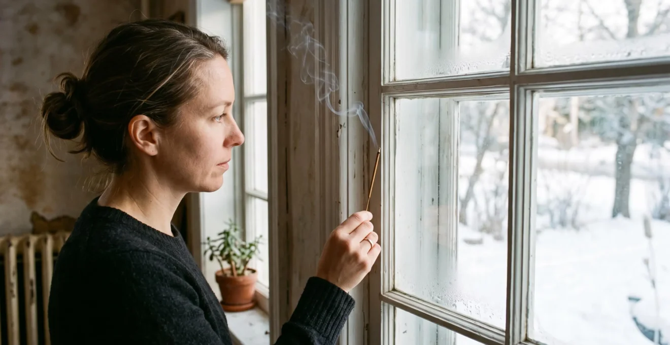 Une personne teste un courant d'air avec de l'encens près d'une fenêtre.